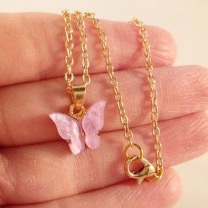Gold Plated Pink Opal Resin Butterfly Pendant Chain Necklace 20" Womens